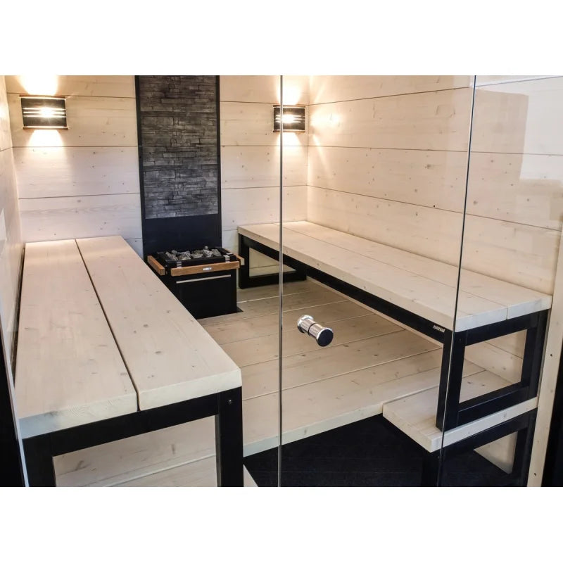 Harvia Solide 1 Sauna, 2.1x1.9m komplet Klar glas front, Gran, Virta 10.8kW ovn